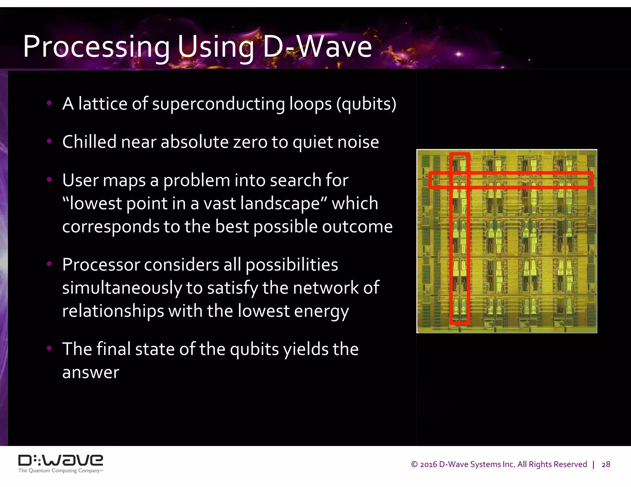 © 2016 D-Wave Systems Inc. All Rights Reserved | 28
Processing Using D-Wave
• A lattice of superconducting loops (qubits)
• Chilled near absolute zero to quiet noise
• User maps a problem into search for
“lowest point in a vast landscape” which
corresponds to the best possible outcome
• Processor considers all possibilities
simultaneously to satisfy the network of
relationships with the lowest energy
• The final state of the qubits yields the
answer
 