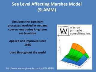 Sea Level Affecting Marshes Model
(SLAMM)
Simulates the dominant
processes involved in wetland
conversions during long term
sea level rise
Applied and improved since
1985
Used throughout the world
http://www.warrenpinnacle.com/prof/SLAMM/
 