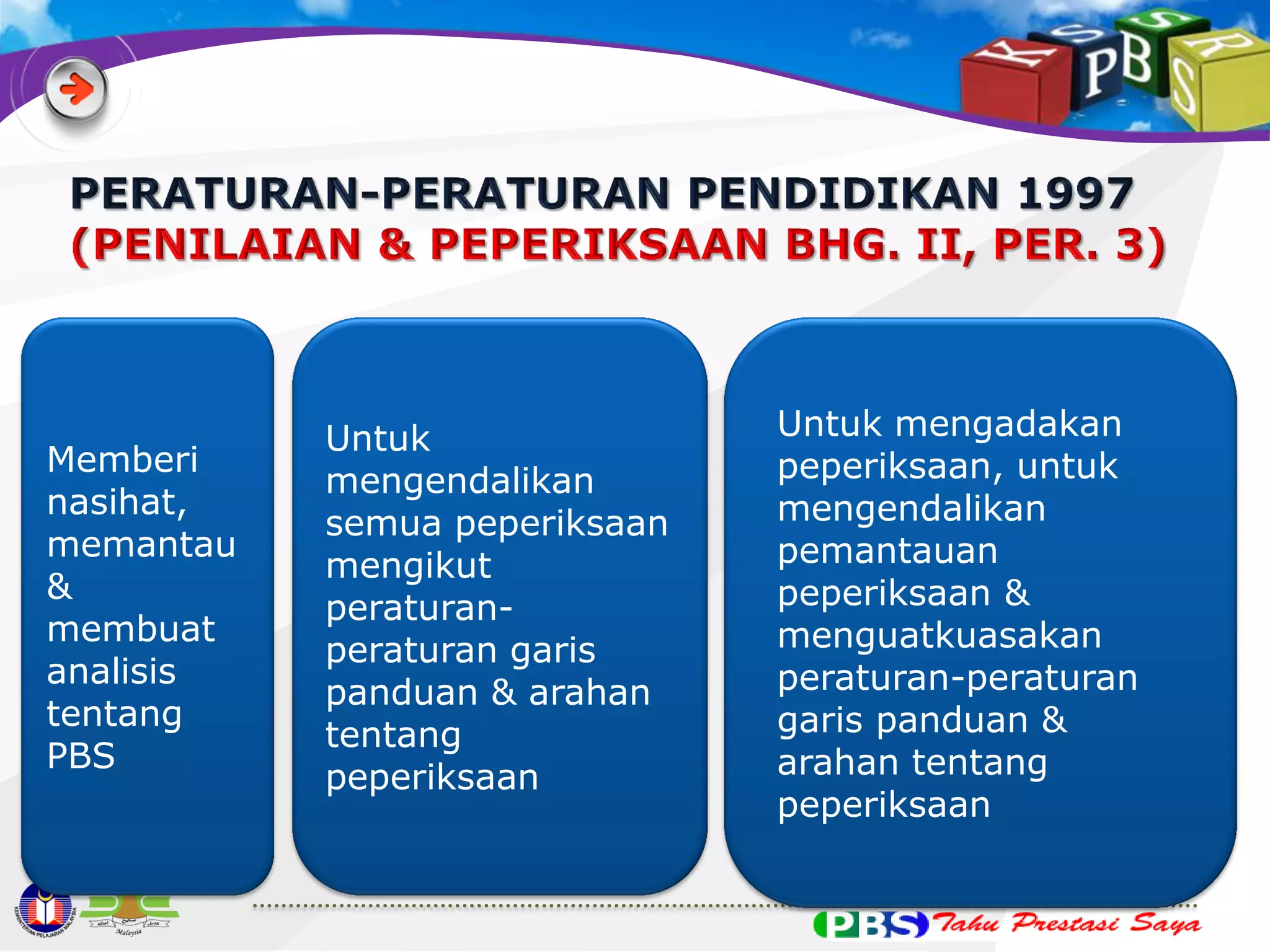 Memberi
nasihat,
memantau
&
membuat
analisis
tentang
PBS

Untuk
mengendalikan
semua peperiksaan
mengikut
peraturanperaturan garis
panduan & arahan
tentang
peperiksaan

Untuk mengadakan
peperiksaan, untuk
mengendalikan
pemantauan
peperiksaan &
menguatkuasakan
peraturan-peraturan
garis panduan &
arahan tentang
peperiksaan

 