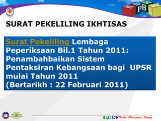 Surat Pekeliling Lembaga
Peperiksaan Bil.1 Tahun 2011:
Penambahbaikan Sistem
Pentaksiran Kebangsaan bagi UPSR
mulai Tahun 2011
(Bertarikh : 22 Februari 2011)

 