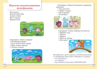 132 133
Перечень рекомендованных
мультфильмов
38 попугаев
Рикки-Тикки-Тави
Гадкий утёнок
Всё о казаках
Крошка Енот
Смешарики: Азбука здоровья:
• Нездоровый рекорд
• Если хочешь быть здоров
• Кому нужна зарядка
• Личная гигиена
Смешарики: Азбука безопасности дорожного
движения:
• Где кататься?
• Зебры в городе
• На остановке
• В автобусе
Смешарики: Азбука доброжелательности:
• Времена года
• Подвиг
• Мораль
• Муха не червяк
• Кто кому?
Мультфильмы и другие занятные и полезные развлечения
со смешариками можно найти в Интернете по адресам:
www.smeshariki.ru
www.ndfond.ru
http://ndfond.ru/menu/projects/100414PR121836
 
