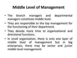 Middle Level of Management
• The branch managers and departmental
managers constitute middle level.
• They are responsible to the top management for
the functioning of their department.
• They devote more time to organizational and
directional functions.
• In small organization, there is only one layer of
middle level of management but in big
enterprises, there may be senior and junior
middle level management.
 