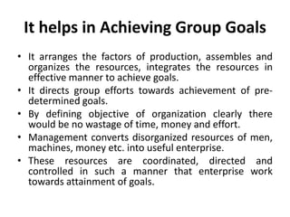 It helps in Achieving Group Goals
• It arranges the factors of production, assembles and
organizes the resources, integrates the resources in
effective manner to achieve goals.
• It directs group efforts towards achievement of pre-
determined goals.
• By defining objective of organization clearly there
would be no wastage of time, money and effort.
• Management converts disorganized resources of men,
machines, money etc. into useful enterprise.
• These resources are coordinated, directed and
controlled in such a manner that enterprise work
towards attainment of goals.
 