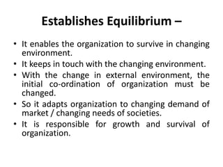 Establishes Equilibrium –
• It enables the organization to survive in changing
environment.
• It keeps in touch with the changing environment.
• With the change in external environment, the
initial co-ordination of organization must be
changed.
• So it adapts organization to changing demand of
market / changing needs of societies.
• It is responsible for growth and survival of
organization.
 