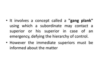 • It involves a concept called a "gang plank"
using which a subordinate may contact a
superior or his superior in case of an
emergency, defying the hierarchy of control.
• However the immediate superiors must be
informed about the matter
 