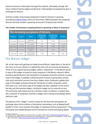 transmit economic information through the network. Ultimately, though, the 
value is determined by supply and demand—what people are prepared to give in 
exchange for bitcoins. 
And the number of businesses prepared to trade for bitcoins is growing. 
According to Bitcoin Pulse, there are more than 5,500 businesses now accepting 
bitcoins and that number is growing at around 5.14 percent per month: 
The number of businesses accepting bitcoins is growing at about 5.14 percent.17 
The increasing acceptance of bitcoins 
Weekly Avg. 
Growth Last 
30 Days 
© 2014 4imprint, Inc. All rights reserved 
Category Source Metric 
The Bitcoin ledger 
OK, so let’s start with getting our heads around Bitcoin. Deep down in the pit of 
the mine, at its core, Bitcoin is a digital file with a list of accounts and balances. 
Think of it as a typical business ledger, called a “blockchain” in the Bitcoin world. 
A copy of this ledger is stored on every computer in the Bitcoin network. When 
someone spends bitcoins, the transaction is broadcast across the network, so every 
copy of the ledger is updated, indicating which account is going down and by 
how much and which account now has a higher value. Computers update their 
copy of the ledger and pass along the transaction to other computers, which 
then pass it on, until every copy of the ledger has been updated. At the end of 
the day, just like business ledgers, the Bitcoin ledger has to reconcile to zero. 
This and some math-based security is all there really is to Bitcoin: A system that 
lets a network of computers maintain a ledger and in doing so lets people spend 
electronic cash. 
The beauty of the “ledger” is that it means for the first time two parties can 
exchange value online without a third-party intermediary, such as MasterCard®, 
PayPal® or Visa®, who maintain the ledger in traditional online transactions18. This 
third-party was needed because online transactions involve exchanging digital 
17 “Bitcoin Pluse.” Bitcoinpulse.com/. Bitcoin Pulse, n.d. Web. 13 Oct. 2014. <http://www.bitcoinpulse.com/>. 
18 “Everything You Need to Know About Bitcoin: VICE Podcast 027.” Youtube.com. Vice Media Inc., 9 Jan. 2014. 
Web. 1 Oct. 2014. <https://www.youtube.com/watch?v=SNssKmeXrGs>. 
Monthly Avg. 
Growth Last 
180 Days 
Absolute 
Consumer Blockchain 
My Wallet 
Number of Users 
0% 7.53% 2,331,810 
Consumer Coinbase Num Wallets 0% 7.52% 1,700,000 
Merchants Coinmap Num Venues 0% 5.14% 5,544 
Merchants Cointerest 
Num Bitcoin 
Venues 
0.72% 6.67% 6,248 
Technical Github 
Num Created 
Repositories 
1.14% 4.49% 4,395 
 