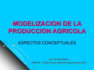MODELIZACION DE LA
PRODUCCION AGRICOLA
ASPECTOS CONCEPTUALES
Ing. Ronald Molina
UNEFM – Programa de Ingeniería Agronómica 2018
 