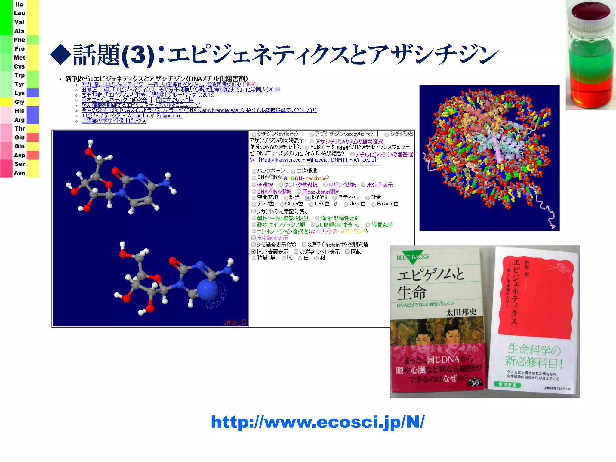 ◆話題(3)：エピジェネティクスとアザシチジン
http://www.ecosci.jp/N/
 