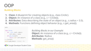 OOP
Building Blocks
1. Class: A blueprint for creating objects (e.g., class Circle:).
2. Object: An instance of a class (e.g., c = Circle()).
3. Attributes: Data describing the state of an object (e.g., c.radius = 3.5).
4. Methods: Functions defining object behavior (e.g., c.get_area()).
Building Blocks in our Example:
Object: An instance of a class (e.g., c = Circle()).
Attributes: Radius
Methods: get_area()
 