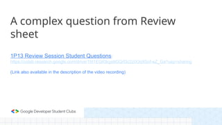 A complex question from Review
sheet
1P13 Review Session Student Questions:
https://colab.research.google.com/drive/1fd1EGKtkga9GQrf3c2z0Oq9Sof-eZ_Ga?usp=sharing
(Link also available in the description of the video recording)
 