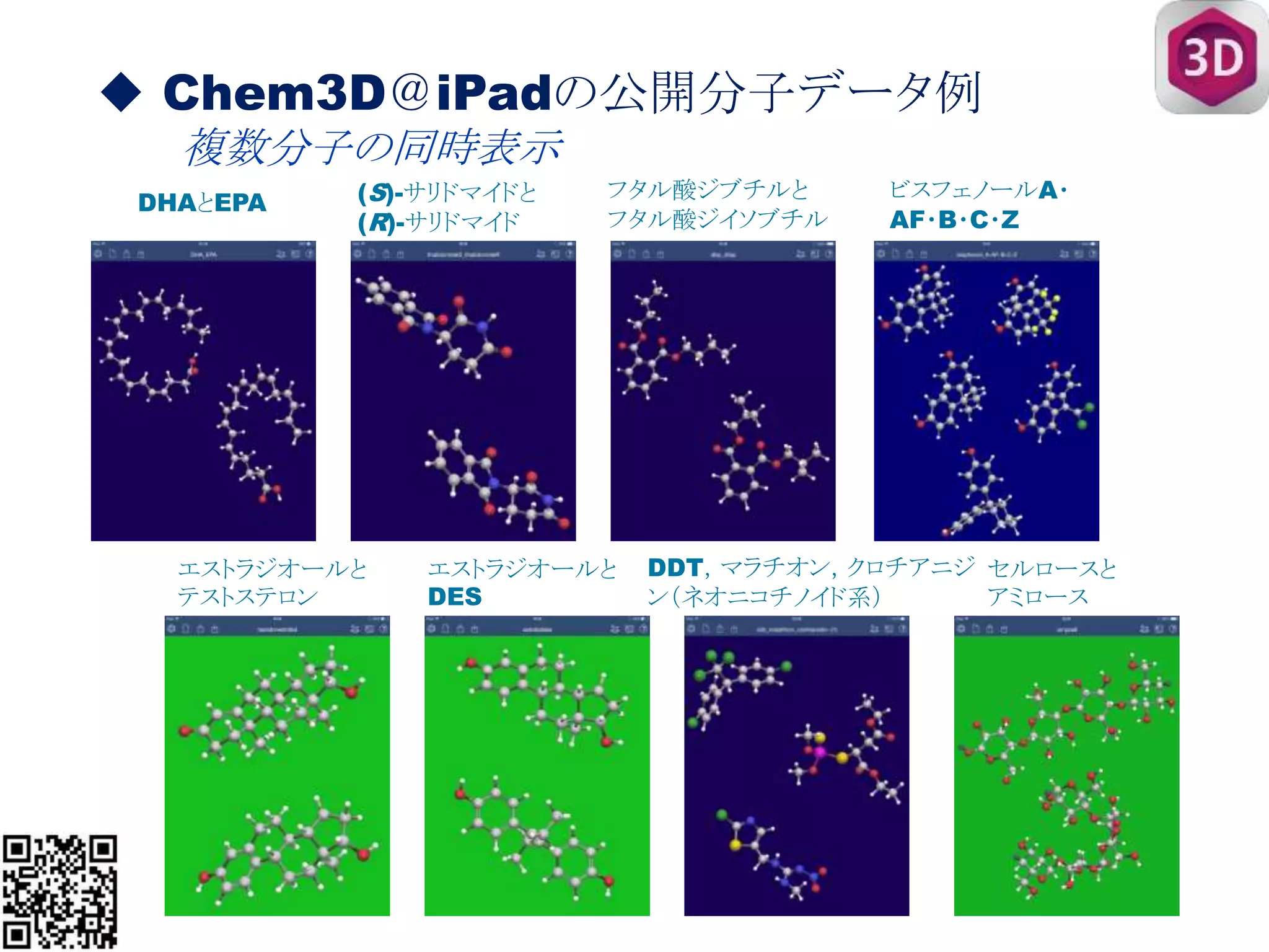 ◆ Chem3D＠iPadの公開分子データ例
複数分子の同時表示
DHAとEPA (S)-サリドマイドと
(R)-サリドマイド
ビスフェノールA・
AF・B・C・Z
フタル酸ジブチルと
フタル酸ジイソブチル
エストラジオールと
テストステロン
エストラジオールと
DES
DDT，マラチオン，クロチアニジ
ン（ネオニコチノイド系）
セルロースと
アミロース
 