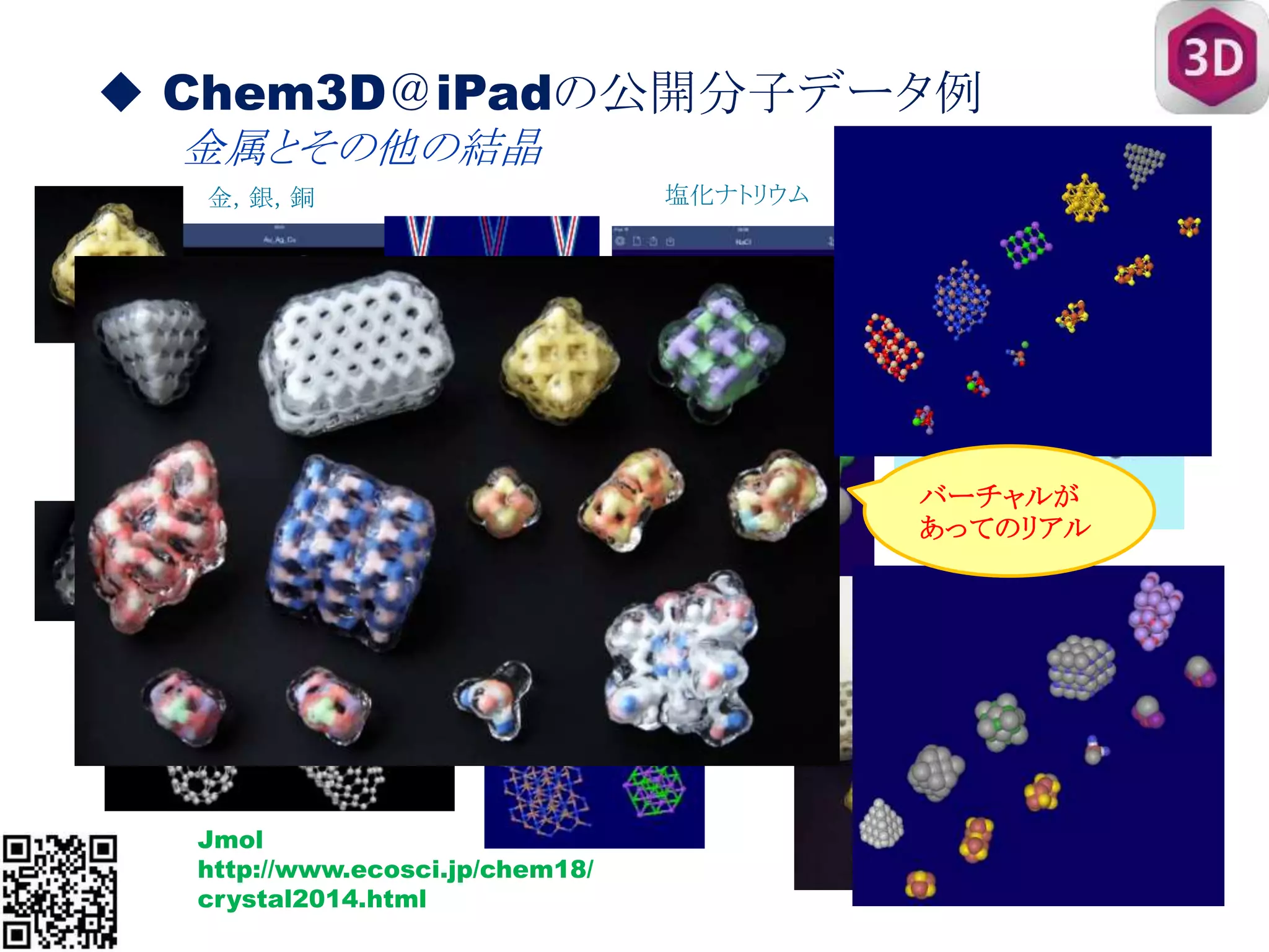 ◆ Chem3D＠iPadの公開分子データ例
金属とその他の結晶
金，銀，銅
Jmol
http://www.ecosci.jp/chem18/
crystal2014.html
炭素
塩化ナトリウム
バーチャルが
あってのリアル
 