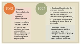- Pós guerra
- Autossuficiência
- Garantir
segurança
abastecimentos
- Ajuda à produção
- OCM e FEOGA
- Proteção aos
produtos agrícolas
comunitários
(preço mínimo para
as importações* e
subsídios para as
exportações)
1962 - Contínua liberalização do
mercado mundial
- Tentativas crescentes para
acabar com proteções
aduaneiras (Uruguai Round)
- Tentativa de abandonar as
medidas de apoio direto à
produção
- Inverter o critério
produtivista das políticas
- Conciliar a PAC com os
princípios e normas da OMC
- Incentivar o respeito e a
preservação do ambiente
1992
 