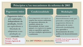 Princípios e/ou mecanismos da reforma de 2003
Pagamento único
por exploração,
independente da
produção, dando
aos agricultores a
liberdade de
adaptarem a sua
produção ao
mercado
Esse pagamento está sujeito ao
respeito das normas ambientais,
de segurança alimentar, da
sanidade animal, da
fitossanidade, do bem –estar
animal e da exigência de manter
todas as superfícies agrícolas
em boas condições agronómicas
e ambientais.
Pagamento único Condicionalidade Modulação
Financiamento do
desenvolvimento rural, que
pretende a redução dos
pagamentos diretos às
explorações de maior
dimensão (modulação),
para permitir o
financiamento da nova
política de desenvolvimento
rural.
FEAGA – Fundo
Europeu Agrícola de
Garantia
FEADER- Fundo Europeu Agrícola de
Desenvolvimento Rural
PRODER
Em 2007 FEOGA é substituído:
 