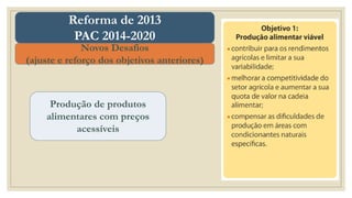 Produção de produtos
alimentares com preços
acessíveis
Novos Desafios
(ajuste e reforço dos objetivos anteriores)
Reforma de 2013
PAC 2014-2020
 