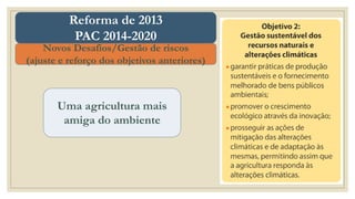 Uma agricultura mais
amiga do ambiente
Novos Desafios/Gestão de riscos
(ajuste e reforço dos objetivos anteriores)
Reforma de 2013
PAC 2014-2020
 