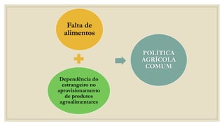 Falta de
alimentos
Dependência do
estrangeiro no
aprovisionamento
de produtos
agroalimentares
POLÍTICA
AGRÍCOLA
COMUM
 