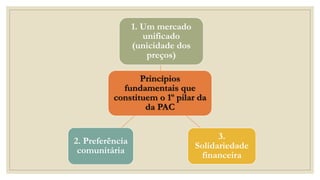 Princípios
fundamentais que
constituem o 1º pilar da
da PAC
1. Um mercado
unificado
(unicidade dos
preços)
3.
Solidariedade
financeira
2. Preferência
comunitária
 