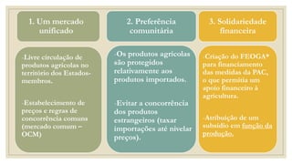 1. Um mercado
unificado
-Livre circulação de
produtos agrícolas no
território dos Estados-
membros.
-Estabelecimento de
preços e regras de
concorrência comuns
(mercado comum –
OCM)
2. Preferência
comunitária
-Os produtos agrícolas
são protegidos
relativamente aos
produtos importados.
-Evitar a concorrência
dos produtos
estrangeiros (taxar
importações até nivelar
preços).
3. Solidariedade
financeira
-Criação do FEOGA*
para financiamento
das medidas da PAC,
o que permitia um
apoio financeiro à
agricultura.
-Atribuição de um
subsídio em função da
produção.
 