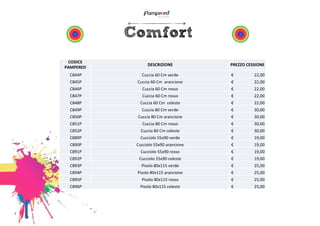 Comfort 
CODICE 
PAMPERED 
DESCRIZIONE 
PREZZO 
CESSIONE 
C844P 
Cuccia 
60 
Cm 
verde 
€ 
22,00 
C845P 
Cuccia 
60 
Cm 
arancione 
€ 
22,00 
C846P 
Cuccia 
60 
Cm 
rosso 
€ 
22,00 
C847P 
Cuccia 
60 
Cm 
rosso 
€ 
22,00 
C848P 
Cuccia 
60 
Cm 
celeste 
€ 
22,00 
C849P 
Cuccia 
80 
Cm 
verde 
€ 
30,00 
C850P 
Cuccia 
80 
Cm 
arancione 
€ 
30,00 
C851P 
Cuccia 
80 
Cm 
rosso 
€ 
30,00 
C852P 
Cuccia 
80 
Cm 
celeste 
€ 
30,00 
C889P 
Cucciolo 
55x90 
verde 
€ 
19,00 
C890P 
Cucciolo 
55x90 
arancione 
€ 
19,00 
C891P 
Cucciolo 
55x90 
rosso 
€ 
19,00 
C892P 
Cucciolo 
55x90 
celeste 
€ 
19,00 
C893P 
Pisolo 
80x115 
verde 
€ 
25,00 
C894P 
Pisolo 
80x115 
arancione 
€ 
25,00 
C895P 
Pisolo 
80x115 
rosso 
€ 
25,00 
C896P 
Pisolo 
80x115 
celeste 
€ 
25,00 
 
