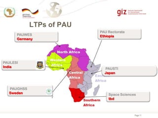 LTPs of PAU
PAUWES
Germany

PAULESI
India

PAUGHSS
Sweden

PAU Rectorate
Ethiopia

PAUSTI
Japan

Space Sciences
tbd

Page 11

 