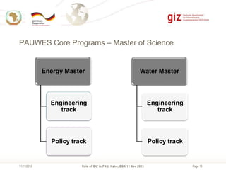PAUWES Core Programs – Master of Science

Energy Master

Water Master

Engineering
track

Policy track

11/11/2013

Engineering
track

Policy track

Role of GIZ in PAU, Hahn, EGK 11 Nov 2013

Page 18

 