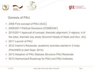 Genesis of PAU
• 2008 First concept of PAU (AUC)
• 2009/2011 Political Decisions (COMEDAF)
• 2010/2011 Approval of concept, thematic alignment, 5 regions, 4 of
the sites, thematic key areas (Summit Heads of State and Gov. AU)

• 2011 Launch of PAU
• 2012 Interim’s Rectorate, academic activities started in 3 hubs
(PAUWES to start Sept. 2014)
• 2013 Adoption of PAU Statutes Structure PAU Rectorate
• 2013 Harmonized Roadmap for PAU and PAU Institutes

11/11/2013

Role of GIZ in PAU, Hahn, EGK 11 Nov 2013

Page 7

 
