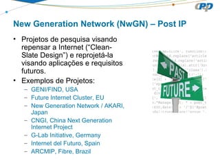 New Generation Network (NwGN) – Post IP
• Projetos de pesquisa visando
repensar a Internet (“Clean-
Slate Design”) e reprojetá-la
visando aplicações e requisitos
futuros.
• Exemplos de Projetos:
– GENI/FIND, USA
– Future Internet Cluster, EU
– New Generation Network / AKARI,
Japan
– CNGI, China Next Generation
Internet Project
– G-Lab Initiative, Germany
– Internet del Futuro, Spain
– ARCMIP, Fibre, Brazil
 