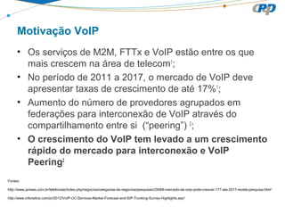 Motivação VoIP
• Os serviços de M2M, FTTx e VoIP estão entre os que
mais crescem na área de telecom1
;
• No período de 2011 a 2017, o mercado de VoIP deve
apresentar taxas de crescimento de até 17%1
;
• Aumento do número de provedores agrupados em
federações para interconexão de VoIP através do
compartilhamento entre si (“peering”) 2
;
• O crescimento do VoIP tem levado a um crescimento
rápido do mercado para interconexão e VoIP
Peering2
Fontes:
http://www.ipnews.com.br/telefoniaip/index.php/negocios/categorias-de-negocios/pesquisas/25468-mercado-de-voip-pode-crescer-177-ate-2017-revela-pesquisa.html1
http://www.infonetics.com/pr/2012/VoIP-UC-Services-Market-Forecast-and-SIP-Trunking-Survey-Highlights.asp2
 
