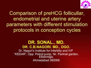 Comparison of preHCG follicullar, endometrial and uterine artery parameters with different stimulation protocols in conception cycles DR. SONAL., MD. DR. C.B.NAGORI. MD., DGO. Dr. Nagori’s Institute for Infertility and IVF  “ KEDAR”, Opp. Petrol pump, Nr. Parimal garden, Ellisbridge, Ahmedabad 380006 