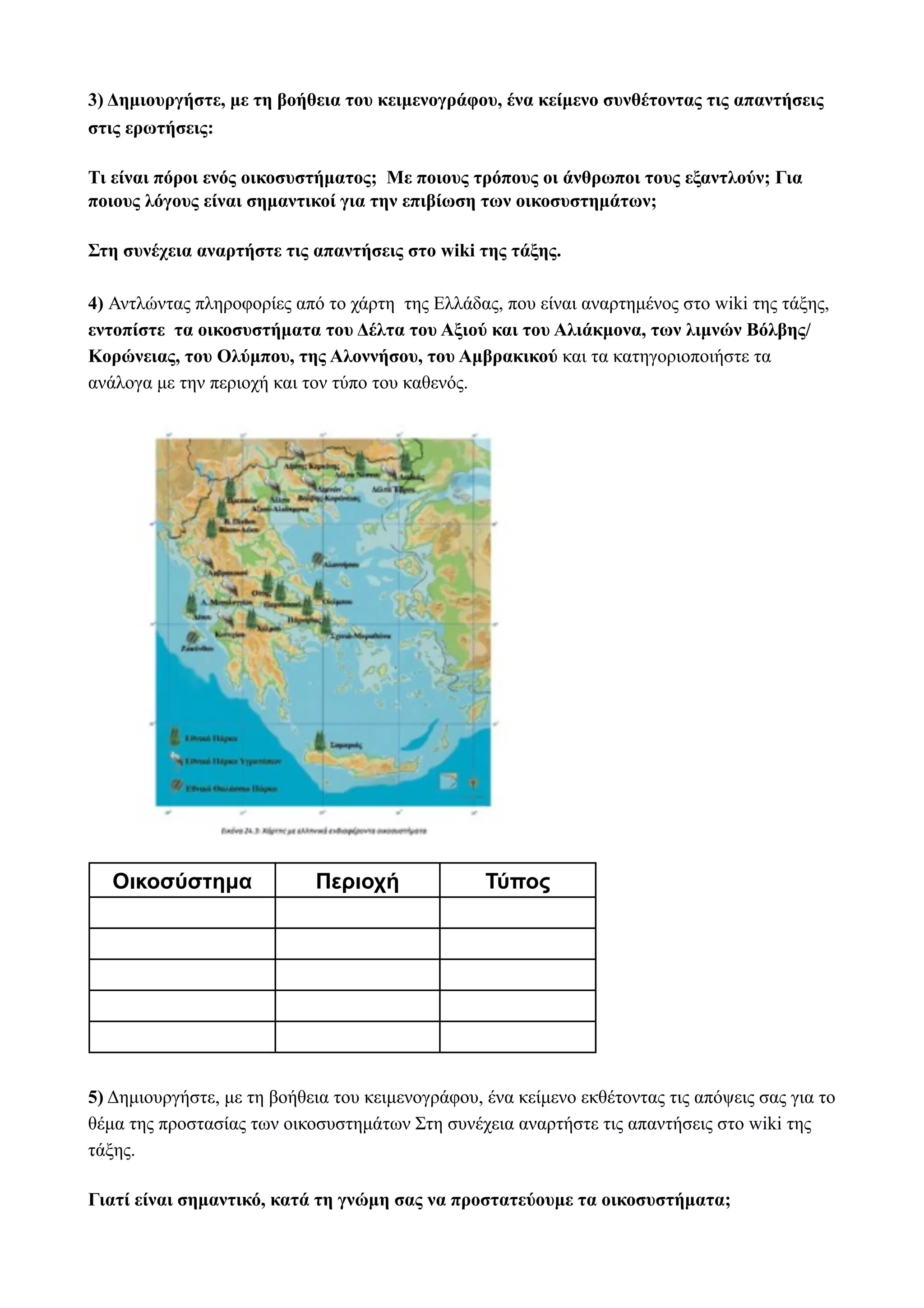 3) Δηµιουργήστε, µε τη βοήθεια του κειµενογράφου, ένα κείµενο συνθέτοντας τις απαντήσεις
στις ερωτήσεις:

Τι είναι πόροι ενός οικοσυστήµατος; Με ποιους τρόπους οι άνθρωποι τους εξαντλούν; Για
ποιους λόγους είναι σηµαντικοί για την επιβίωση των οικοσυστηµάτων;

Στη συνέχεια αναρτήστε τις απαντήσεις στο wiki της τάξης.

4) Αντλώντας πληροφορίες από το χάρτη της Ελλάδας, που είναι αναρτηµένος στο wiki της τάξης,
εντοπίστε τα οικοσυστήµατα του Δέλτα του Αξιού και του Αλιάκµονα, των λιµνών Βόλβης/
Κορώνειας, του Ολύµπου, της Αλοννήσου, του Αµβρακικού και τα κατηγοριοποιήστε τα
ανάλογα µε την περιοχή και τον τύπο του καθενός.




   Οικοσύστηµα              Περιοχή               Τύπος




5) Δηµιουργήστε, µε τη βοήθεια του κειµενογράφου, ένα κείµενο εκθέτοντας τις απόψεις σας για το
θέµα της προστασίας των οικοσυστηµάτων Στη συνέχεια αναρτήστε τις απαντήσεις στο wiki της
τάξης.

Γιατί είναι σηµαντικό, κατά τη γνώµη σας να προστατεύουµε τα οικοσυστήµατα;
 
