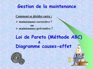 Gestion de la maintenance
Comment se décider entre :
 maintenance corrective ?
Loi de Pareto (Méthode ABC)
Diagramme causes-effet
&
ou
 maintenance préventive ?
 