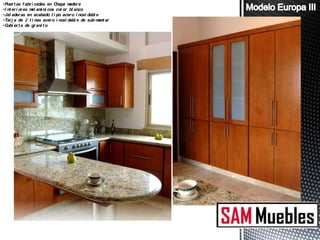 •Puer t as f abr i cadas en Chapa m  ader a
•I nt er i or es m am ni cos col or bl anco
                  el i
•Jal ader as en acabado t i po acer o i noxi dabl e
•Tar j a de 2 t i nas acer o i noxi dabl e de sub-m ar
                                                   ont
•C er t a de gr ani t o
   ubi
 