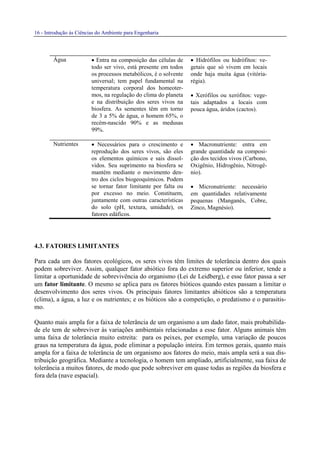 16 - Introdução às Ciências do Ambiente para Engenharia
Água • Entra na composição das células de
todo ser vivo, está presente em todos
os processos metabólicos, é o solvente
universal; tem papel fundamental na
temperatura corporal dos homeoter-
mos, na regulação do clima do planeta
e na distribuição dos seres vivos na
biosfera. As sementes têm em torno
de 3 a 5% de água, o homem 65%, o
recém-nascido 90% e as medusas
99%.
• Hidrófilos ou hidrófitos: ve-
getais que só vivem em locais
onde haja muita água (vitória-
régia).
• Xerófilos ou xerófitos: vege-
tais adaptados a locais com
pouca água, áridos (cactos).
Nutrientes • Necessários para o crescimento e
reprodução dos seres vivos, são eles
os elementos químicos e sais dissol-
vidos. Seu suprimento na biosfera se
mantém mediante o movimento den-
tro dos ciclos biogeoquímicos. Podem
se tornar fator limitante por falta ou
por excesso no meio. Constituem,
juntamente com outras características
do solo (pH, textura, umidade), os
fatores edáficos.
• Macronutriente: entra em
grande quantidade na composi-
ção dos tecidos vivos (Carbono,
Oxigênio, Hidrogênio, Nitrogê-
nio).
• Micronutriente: necessário
em quantidades relativamente
pequenas (Manganês, Cobre,
Zinco, Magnésio).
4.3. FATORES LIMITANTES
Para cada um dos fatores ecológicos, os seres vivos têm limites de tolerância dentro dos quais
podem sobreviver. Assim, qualquer fator abiótico fora do extremo superior ou inferior, tende a
limitar a oportunidade de sobrevivência do organismo (Lei de Leidberg), e esse fator passa a ser
um fator limitante. O mesmo se aplica para os fatores bióticos quando estes passam a limitar o
desenvolvimento dos seres vivos. Os principais fatores limitantes abióticos são a temperatura
(clima), a água, a luz e os nutrientes; e os bióticos são a competição, o predatismo e o parasitis-
mo.
Quanto mais ampla for a faixa de tolerância de um organismo a um dado fator, mais probabilida-
de ele tem de sobreviver às variações ambientais relacionadas a esse fator. Alguns animais têm
uma faixa de tolerância muito estreita: para os peixes, por exemplo, uma variação de poucos
graus na temperatura da água, pode eliminar a população inteira. Em termos gerais, quanto mais
ampla for a faixa de tolerância de um organismo aos fatores do meio, mais ampla será a sua dis-
tribuição geográfica. Mediante a tecnologia, o homem tem ampliado, artificialmente, sua faixa de
tolerância a muitos fatores, de modo que pode sobreviver em quase todas as regiões da biosfera e
fora dela (nave espacial).
 