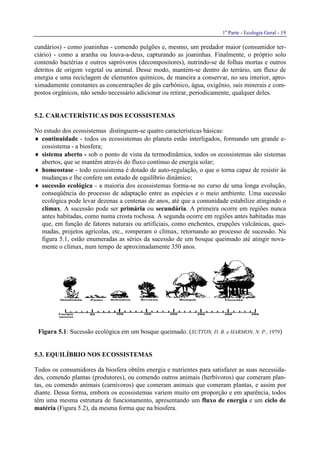 1a
Parte - Ecologia Geral - 19
cundários) - como joaninhas - comendo pulgões e, mesmo, um predador maior (consumidor ter-
ciário) - como a aranha ou louva-a-deus, capturando as joaninhas. Finalmente, o próprio solo
contendo bactérias e outros sapróvoros (decompositores), nutrindo-se de folhas mortas e outros
detritos de origem vegetal ou animal. Desse modo, mantém-se dentro do terrário, um fluxo de
energia e uma reciclagem de elementos químicos, de maneira a conservar, no seu interior, apro-
ximadamente constantes as concentrações de gás carbônico, água, oxigênio, sais minerais e com-
postos orgânicos, não sendo necessário adicionar ou retirar, periodicamente, qualquer deles.
5.2. CARACTERÍSTICAS DOS ECOSSISTEMAS
No estudo dos ecossistemas distinguem-se quatro características básicas:
♦ continuidade - todos os ecossistemas do planeta estão interligados, formando um grande e-
cossistema - a biosfera;
♦ sistema aberto - sob o ponto de vista da termodinâmica, todos os ecossistemas são sistemas
abertos, que se mantêm através do fluxo contínuo de energia solar;
♦ homeostase - todo ecossistema é dotado de auto-regulação, o que o torna capaz de resistir às
mudanças e lhe confere um estado de equilíbrio dinâmico;
♦ sucessão ecológica - a maioria dos ecossistemas forma-se no curso de uma longa evolução,
conseqüência do processo de adaptação entre as espécies e o meio ambiente. Uma sucessão
ecológica pode levar dezenas a centenas de anos, até que a comunidade estabilize atingindo o
clímax. A sucessão pode ser primária ou secundária. A primeira ocorre em regiões nunca
antes habitadas, como numa crosta rochosa. A segunda ocorre em regiões antes habitadas mas
que, em função de fatores naturais ou artificiais, como enchentes, erupções vulcânicas, quei-
madas, projetos agrícolas, etc., romperam o clímax, retornando ao processo de sucessão. Na
figura 5.1, estão enumeradas as séries da sucessão de um bosque queimado até atingir nova-
mente o clímax, num tempo de aproximadamente 350 anos.
Figura 5.1: Sucessão ecológica em um bosque queimado. (SUTTON, D. B. e HARMON, N. P., 1979)
5.3. EQUILÍBRIO NOS ECOSSISTEMAS
Todos os consumidores da biosfera obtêm energia e nutrientes para satisfazer as suas necessida-
des, comendo plantas (produtores), ou comendo outros animais (herbívoros) que comeram plan-
tas, ou comendo animais (carnívoros) que comeram animais que comeram plantas, e assim por
diante. Dessa forma, embora os ecossistemas variem muito em proporção e em aparência, todos
têm uma mesma estrutura de funcionamento, apresentando um fluxo de energia e um ciclo de
matéria (Figura 5.2), da mesma forma que na biosfera.
 