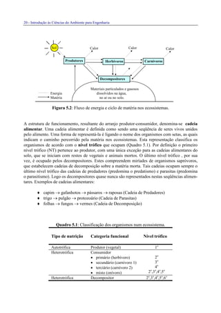20 - Introdução às Ciências do Ambiente para Engenharia
Sol
Materiais particulados e gasosos
Energia dissolvidos na água,
Matéria no ar ou no solo.
Figura 5.2: Fluxo de energia e ciclo de matéria nos ecossistemas.
A estrutura de funcionamento, resultante do arranjo produtor-consumidor, denomina-se cadeia
alimentar. Uma cadeia alimentar é definida como sendo uma seqüência de seres vivos unidos
pelo alimento. Uma forma de representá-la é ligando o nome dos organismos com setas, as quais
indicam o caminho percorrido pela matéria nos ecossistemas. Esta representação classifica os
organismos de acordo com o nível trófico que ocupam (Quadro 5.1). Por definição o primeiro
nível trófico (NT) pertence ao produtor, com uma única exceção para as cadeias alimentares do
solo, que se iniciam com restos de vegetais e animais mortos. O último nível trófico , por sua
vez, é ocupado pelos decompositores. Estes compreendem miríades de organismos sapróvoros,
que estabelecem cadeias de decomposição sobre a matéria morta. Tais cadeias ocupam sempre o
último nível trófico das cadeias de predadores (predomina o predatismo) e parasitas (predomina
o parasitismo). Logo os decompositores quase nunca são representados nestas seqüências alimen-
tares. Exemplos de cadeias alimentares:
♦ capim → gafanhotos → pássaros → raposas (Cadeia de Predadores)
♦ trigo → pulgão → protozoário (Cadeia de Parasitas)
♦ folhas → fungos → vermes (Cadeia de Decomposição)
Quadro 5.1: Classificação dos organismos num ecossistema.
Tipo de nutrição Categoria funcional Nível trófico
Autotrófica Produtor (vegetal) 1o
Heterotrófica Consumidor
• primário (herbívoro)
• secundário (carnívoro 1)
• terciário (carnívoro 2)
• misto (onívoro)
2o
3o
4o
2o
,3o
,4o
,5o
Heterotrófica Decompositor 2o
,3o
,4o
,5o
,6o
Decompositores
Produtores Herbívoros Carnívoros
Calor Calor Calor
 
