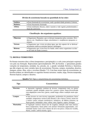 1a
Parte - Ecologia Geral - 33
Divisão do ecossistema baseada na quantidade de luz solar:
Eufótica • Zona iluminada do ecossistema, onde a produtividade primária é intensa.
Disfótica • Zona fracamente iluminada.
Afótica • Zona totalmente obscura, onde é ausente a vida vegetal, predominando a
fauna de carnívoros.
Classificação dos organismos aquáticos:
Plânctons • Organismos flutuantes, que se deixam transportar pelas correntes. Divi-
dem-se em: fitoplâncton (algas unicelulares) e zooplâncton (pequenos a-
nimais).
Néctons • Organismos que vivem em plena água, que são capazes de se deslocar
ativamente contra as correntes (peixes, tartarugas).
Bêntons • Organismos que vivem fixos no fundo, sobre outros organismos ou den-
tro do lodo do fundo (vermes).
7.2. BIOMAS TERRESTRES
Os biomas terrestres têm o clima (temperatura e precipitação) e o solo como principais responsá-
veis pela sua formação. Representam aproximadamente 30% da biosfera e apresentam grandes
variações de temperatura, umidade, luz, pressão, etc. e grande variedade florística e faunística,
que dão origem aos mais variados tipos de ecossistemas: florestas, campos, montanhas, desertos,
mangues, praias, ilhas, solos e cavernas (Quadro 7.2). Com base nestes tipos de ecossistemas, na
biosfera podem ser identificados os seguintes biomas terrestres: tundra, taiga, floresta temperada,
floresta tropical, campos e desertos.
Quadro 7.2: Tipos e características de ecossistemas terrestres.
Tipo Características
Florestas • Apresenta vegetação contínua de árvores; temperatura mais ou menos
constante; grande umidade; pouca luz e poucos ventos; fauna diversificada
com adaptações como bico, garras, cauda longa; olfato e audição muito apu-
rados.
Campos • Sem árvores ou com árvores espaçadas; predomínio de gramíneas; baixa
umidade; temperatura variável (alta durante o dia e baixa à noite); muita luz
e muitos ventos; animais euritérmicos, miméticos, de hábitos noturnos; na
fauna guarás, tamanduás, emas, cobras, ratos, lagartos, cupins, formigas.
Montanhas • Vegetação variável; menor teor de oxigênio; radiação solar mais intensa;
baixa temperatura; fauna pobre com animais fortemente pigmentados, con-
trastando muitas vezes com o branco da neve nos picos; a fauna de vicunha,
lhama, condor, cabrito-montês, águia.
 