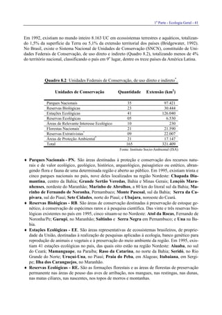 1a
Parte - Ecologia Geral - 41
Em 1992, existiam no mundo inteiro 8.163 UC em ecossistemas terrestres e aquáticos, totalizan-
do 1,5% da superfície da Terra ou 5,1% da extensão territorial dos países (Bridgewater, 1992).
No Brasil, existe o Sistema Nacional de Unidades de Conservação (SNCN), constituído de Uni-
dades Federais de Conservação, de uso direto e indireto (Quadro 8.2), totalizando menos de 4%
do território nacional, classificando o país em 9o
lugar, dentre os treze países da América Latina.
Quadro 8.2: Unidades Federais de Conservação, de uso direto e indireto*
.
Unidades de Conservação Quantidade Extensão (km2
)
Parques Nacionais 35 97.421
Reservas Biológicas 23 30.444
Estações Ecológicas 41 126.040
Reservas Ecológicas 05 6.530
Áreas de Relevante Interesse Ecológico 10 230
Florestas Nacionais*
21 21.590
Reservas Extrativistas*
09 22.007
Áreas de Proteção Ambiental*
21 17.147
Total 165 321.409
Fonte: Instituto Socio-Ambiental (ISA)
♦ Parques Nacionais - PN. São áreas destinadas à proteção e conservação dos recursos natu-
rais e de valor ecológico, geológico, histórico, arqueológico, paisagístico ou estético, abran-
gendo flora e fauna de uma determinada região e aberto ao público. Em 1995, existiam trinta e
cinco parques nacionais no país, nove deles localizados na região Nordeste: Chapada Dia-
mantina, centro da Bahia; Grande Sertão Veredas, Bahia e Minas Gerais; Lençóis Mara-
nhenses, nordeste do Maranhão; Marinho de Abrolhos, a 80 km do litoral sul da Bahia; Ma-
rinho de Fernando de Noronha, Pernambuco; Monte Pascoal, sul da Bahia; Serra da Ca-
pivara, sul do Piauí; Sete Cidades, norte do Piauí; e Ubajara, noroeste do Ceará.
♦ Reservas Biológicas - RB. São áreas de conservação destinadas à preservação de estoque ge-
nético, à conservação de espécimes raros e à pesquisa científica. Das vinte e três reservas bio-
lógicas existentes no país em 1995, cinco situam-se no Nordeste: Atol da Rocas, Fernando de
Noronha/Pe; Gurupi, no Maranhão; Saltinho e Serra Negra em Pernambuco; e Una na Ba-
hia.
♦ Estações Ecológicas - EE. São áreas representativas de ecossistemas brasileiros, de proprie-
dade da União, destinadas à realização de pesquisas aplicadas à ecologia, banco genético para
reprodução de animais e vegetais e à preservação do meio ambiente da região. Em 1995, exis-
tiam 41 estações ecológicas no país, das quais oito estão na região Nordeste: Aiuaba, no sul
do Ceará; Mamanguape, na Paraíba; Raso da Catarina, no norte da Bahia; Seridó, no Rio
Grande do Norte; Uruçuí-Una, no Piauí; Praia do Peba, em Alagoas; Itabaiana, em Sergi-
pe; Ilha dos Caranguejos, no Maranhão.
♦ Reservas Ecológicas - RE. São as formações florestais e as áreas de florestas de preservação
permanente nas áreas de pouso das aves de arribação, nos mangues, nas restingas, nas dunas,
nas matas ciliares, nas nascentes, nos topos de morros e montanhas.
 