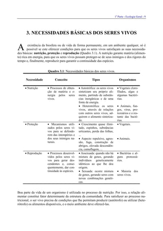 1a
Parte - Ecologia Geral - 9
3. NECESSIDADES BÁSICAS DOS SERES VIVOS
existência da biosfera ou de vida de forma permanente, em um ambiente qualquer, só é
possível se este oferecer condições para que os seres vivos satisfaçam as suas necessida-
des básicas: nutrição, proteção e reprodução (Quadro 3.1). A nutrição garante matéria (alimen-
to) rica em energia, para que os seres vivos possam proteger-se de seus inimigos e dos rigores do
tempo e, finalmente, reproduzir para garantir a continuidade das espécies.
Quadro 3.1: Necessidades básicas dos seres vivos.
Necessidade Conceito Tipos Organismos
• Nutrição • Processos de obten-
ção de matéria e e-
nergia pelos seres
vivos.
• Autotrófica: os seres vivos
sintetizam seu próprio ali-
mento, partindo de substân-
cias inorgânicas e de uma
fonte de energia.
• Heterotrófica: os seres
vivos, através de relações
com outros seres vivos, ad-
quirem o alimento sintetiza-
do.
• Vegetais cloro-
filados, algas e
algumas bactéri-
rias.
• Animais, fun-
gos, vírus, pro-
tozoários e o res-
tante das bacté-
rias.
• Proteção • Mecanismos utili-
zados pelos seres vi-
vos para se defende-
rem das intempéries e
dos seus inimigos na-
turais.
• Crescimento quase ilimi-
tado, espinhos, substâncias
urticantes, perda das folhas,
...
• Aspecto repulsivo, agres-
são, fuga, construção de
abrigos, elevada descendên-
cia, camuflagem, ...
• Vegetais.
• Animais.
• Reprodução • Processos desenvol-
vidos pelos seres vi-
vos para gerar des-
cendentes e, conse-
quentemente, dar con-
tinuidade às espécies.
• Assexuada: quando não há
mistura de genes, gerando
indivíduos geneticamente
idênticos ao que lhe deu
origem.
• Sexuada: ocorre mistura
de genes, gerando seres com
novas combinações genéti-
cas.
• Bactérias e al-
guns protozoá-
rios.
• Maioria dos
seres vivos.
Boa parte da vida de um organismo é utilizada no processo de nutrição. Por isso, a relação ali-
mentar constitui fator determinante da estrutura da comunidade. Para satisfazer ao processo nu-
tricional, o ser vivo precisa de condições que lhe permitam produzir (autótrofo) ou utilizar (hete-
rótrofo) os alimentos disponíveis, e o meio ambiente deve oferecê-las.
A
 