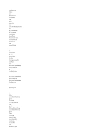 urbanos
têm
se
tornado
fontes
de
au-
mento
da
instabilidade
na
biosfera.
Algumas
dessas
razões
tornam-se
visíveis
quando
se
analisa


o
quadro
8.1.
Quadro
8.1:
Comparação
entre
os
ecossistemas
naturais
e
urbanos.


Ecossistemas
Naturais
Ecossistemas
Urbanos


Energia


•
São
sustentados
por
fonte
ilimitada
de
e-•
Atualmente,
sustentados
por
uma
fonte
nergia:
radiação
solar.
finita
de
energia:
 
