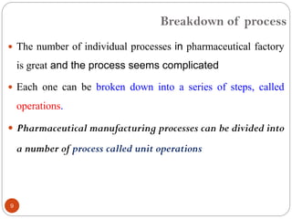 Breakdown of process
9
 The number of individual processes in pharmaceutical factory
is great and the process seems complicated
 Each one can be broken down into a series of steps, called
operations.
 Pharmaceutical manufacturing processes can be divided into
a number of process called unit operations
 