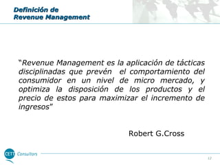 Definición de
Revenue Management

“Revenue Management es la aplicación de tácticas
disciplinadas que prevén el comportamiento del
consumidor en un nivel de micro mercado, y
optimiza la disposición de los productos y el
precio de estos para maximizar el incremento de
ingresos”
Robert G.Cross

12

 
