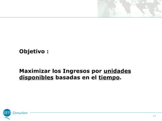 Objetivo :
Maximizar los Ingresos por unidades
disponibles basadas en el tiempo.

17

 