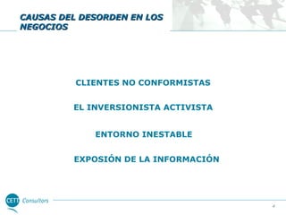 CAUSAS DEL DESORDEN EN LOS
NEGOCIOS

CLIENTES NO CONFORMISTAS
EL INVERSIONISTA ACTIVISTA
ENTORNO INESTABLE
EXPOSIÓN DE LA INFORMACIÓN

4

 
