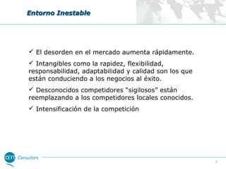 Entorno Inestable

 El desorden en el mercado aumenta rápidamente.
 Intangibles como la rapidez, flexibilidad,
responsabilidad, adaptabilidad y calidad son los que
están conduciendo a los negocios al éxito.
 Desconocidos competidores “sigilosos” están
reemplazando a los competidores locales conocidos.
 Intensificación de la competición

7

 