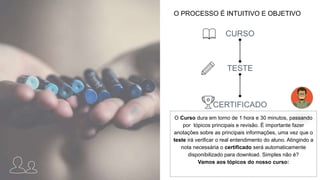 O PROCESSO É INTUITIVO E OBJETIVO
CURSO
CERTIFICADO
TESTE
O Curso dura em torno de 1 hora e 30 minutos, passando
por tópicos principais e revisão. É importante fazer
anotações sobre as principais informações, uma vez que o
teste irá verificar o real entendimento do aluno. Atingindo a
nota necessária o certificado será automaticamente
disponibilizado para download. Simples não é?
Vamos aos tópicos do nosso curso:
 