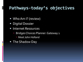 Pathways-today’s objectives Who Am I? (review) Digital Dossier  Internet Resources  Bridges Choices Planner: Gateway 1 Meet John Holland The Shadow Day 