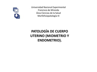 Universidad Nacional Experimental
Francisco de Miranda
Área Ciencias de la Salud
Morfofisiopatología III
PATOLOGÍA DE CUERPO
UTERINO (MIOMETRIO Y
ENDOMETRIO).
 