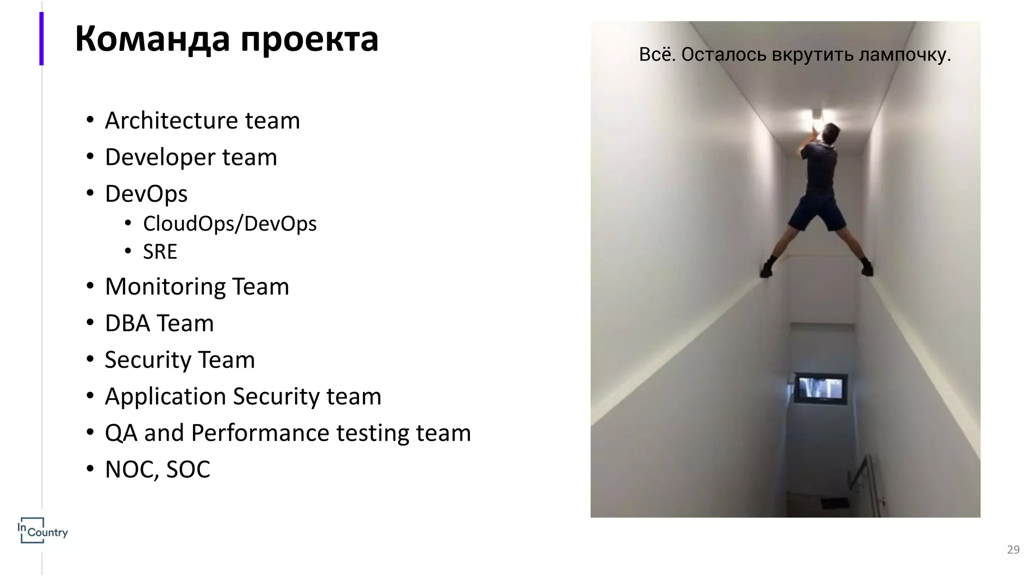 Команда проекта • Architecture team • Developer team • DevOps • CloudOps/DevOps • SRE • Monitoring Team • DBA Team • Security Team • Application Security team • QA and Performance testing team • NOC, SOC Всё. Осталось вкрутить лампочку. 29 