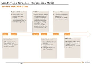 Page 16
May 2018 June 2020
June 2018 Oct. 2019 Dec. 2019
SFS-Piraeus Bank
• SFS was acquired by
Bain Capital from
Piraeus Bank as part of
project Amoeba
DoValue-LPN Capital
• DoValue acquired
licensed servicer LPN
capital
• Until that point DoValue
was operating under its
Italian banking license
Intrum-Piraeus Bank
• Piraeus RBU transferred
to Intrum
• New servicing firm
created
• 80% stake Intrum 20%
stake Piraeus bank
Copernicus-IPM
• Copernicus signed an
agreement
to acquire 75% of IPM
from Alvarez & Marsal
FPS-DoValue
• Acquisition of 80% of FPS
from DoValue as part of
project Europe
• Transaction was valued
at 248mn €
Loan Servicing Companies – The Secondary Market
Servicers’ M&A Deals to Date
Sep. 2019
PIMCO-Qualco
• Pimco raised its stake in
the Qualco group to
40%, fully covering a
capital increase of
approximately 10mn €
in the group holding
company and
acquiring 6mn € in
proportion to the other
shareholders in 7,5%
 